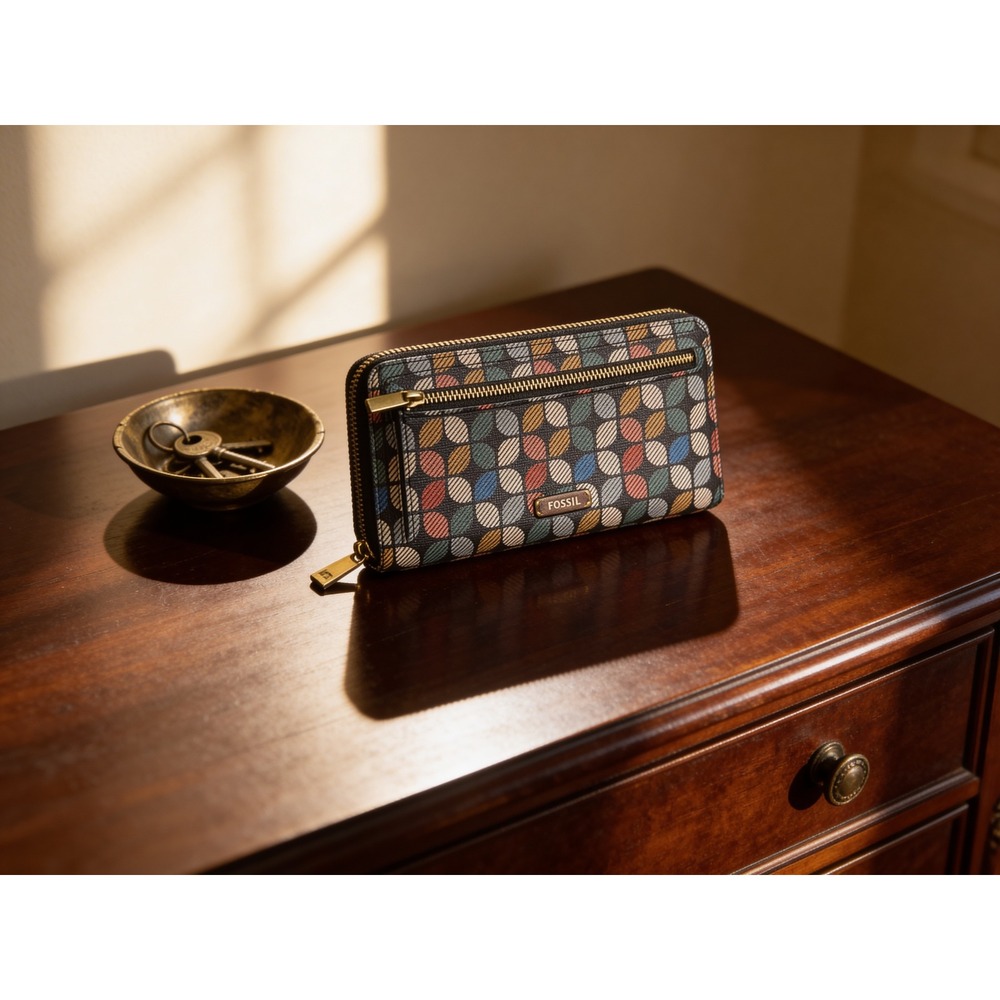 Fossil Logan Zip Around Clutch Wallet Multi-Color Geometric‎ Leaf Pattern y2k